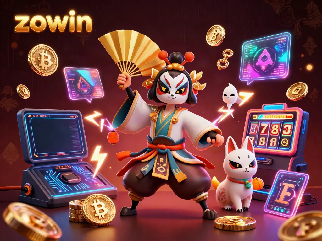 Zowin inspired dynamic casino scene with kabuki warrior and blockchain elements in vibrant colors.