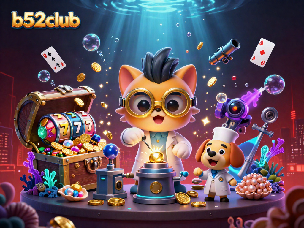 b52club captures thrilling jackpot excitement with a mad scientist cat and loyal dog in a vibrant casino scene.