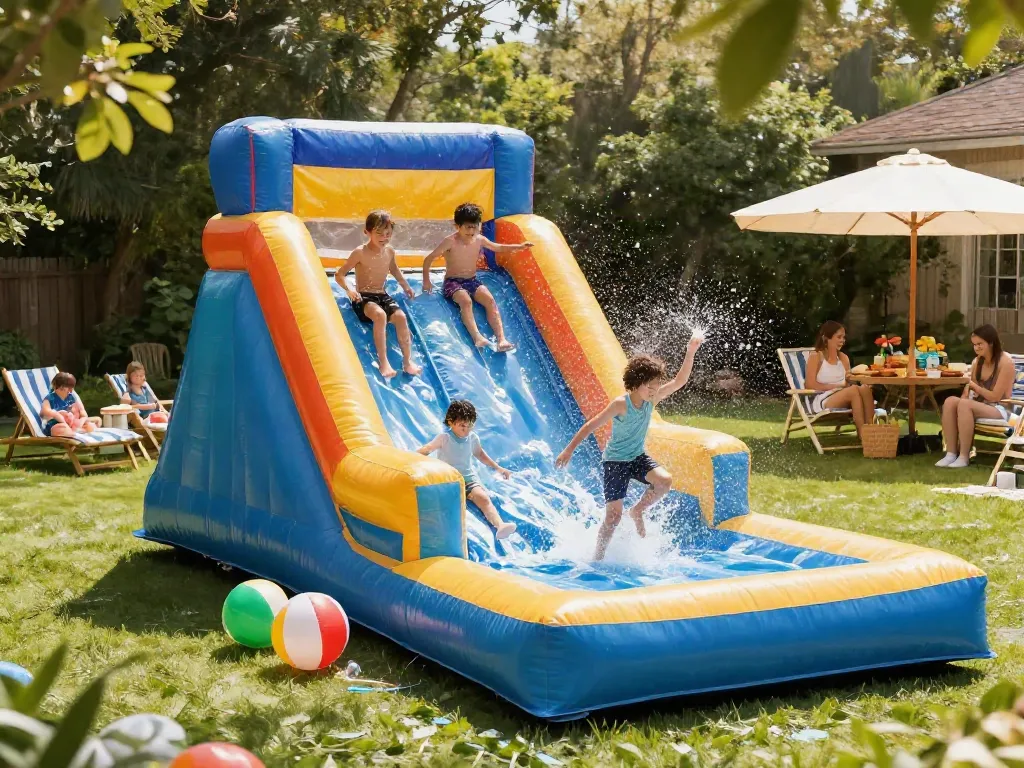 Children splashing joyfully on an inflatable water slide at a summer party, surrounded by greenery and colorful props.