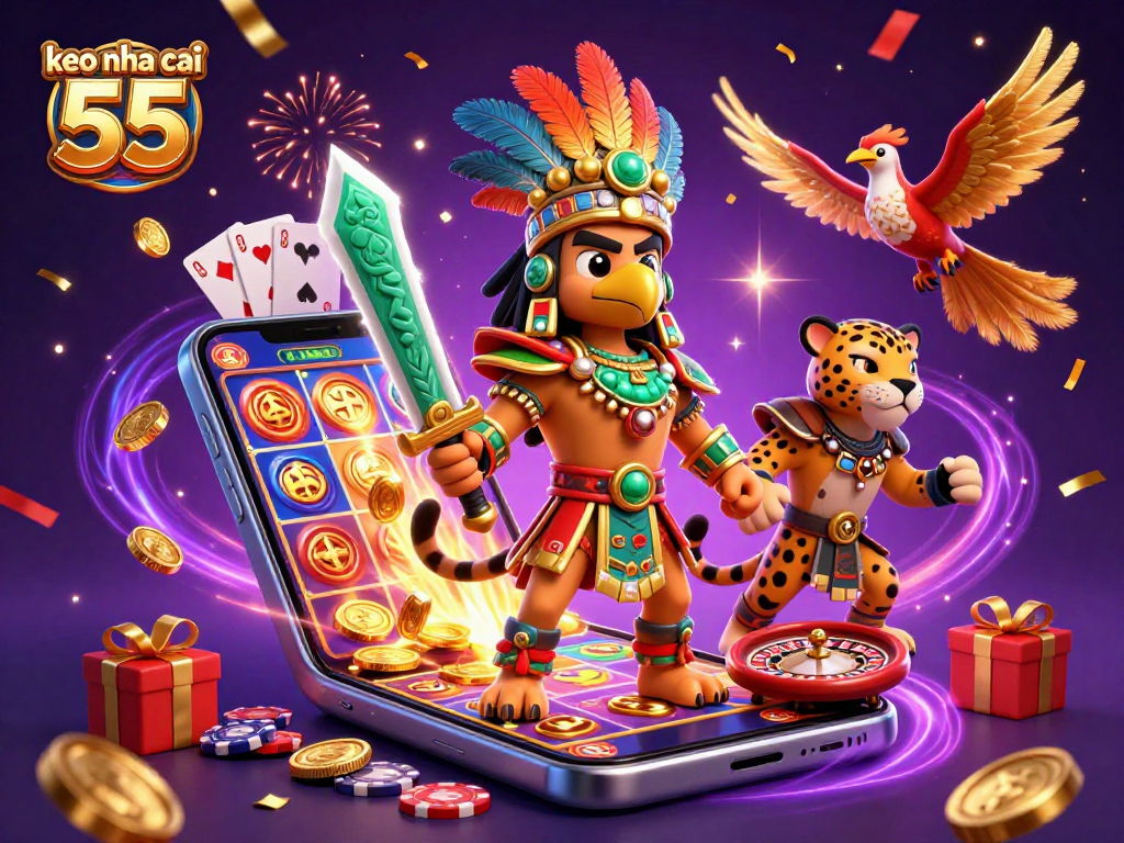 Experience thrilling entertainment with keo nha cai 55, featuring dynamic 3D warriors and vibrant casino elements.
