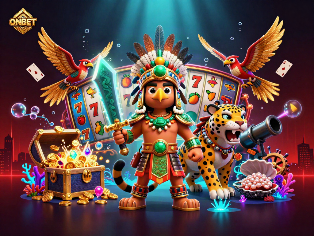 Engage with ONBET in our vibrant 3D casino scene featuring adventurous Aztec warriors and thrilling slot elements.