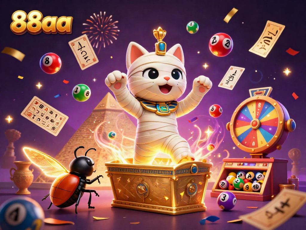 88aa offers thrilling gaming action with an Egyptian mummy cat and vibrant casino elements.