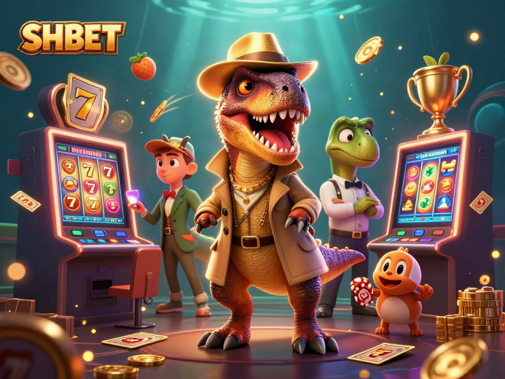 Experience the thrill of SHBET with a velociraptor card counter at a vibrant slot machine