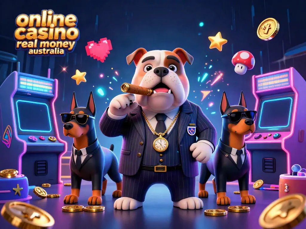 Experience the excitement of online casino real money Australia with a dynamic casino scene featuring a mafia boss bulldog.