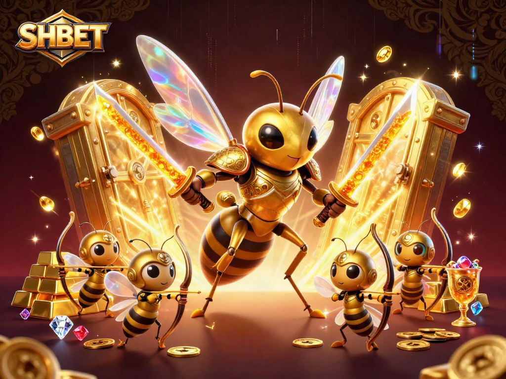 Experience the thrilling jackpot journey with SHBET's vibrant casino scene of golden treasures and dynamic characters.
