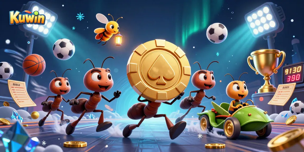Kuwin's vibrant cartoon heist scene with ants, a firefly lookout, and sports elements dynamically depicting gambling excitement