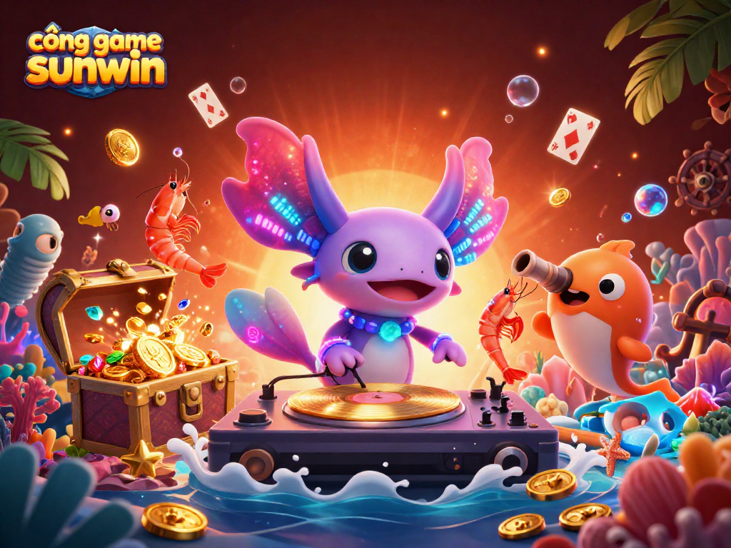Engage with cổng game sunwin featuring bright underwater scenes with a DJ, treasure, and vibrant sea creatures.
