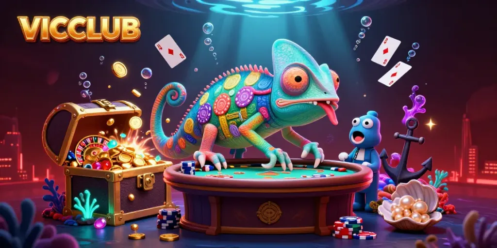 VICCLUB showcases its vibrant casino atmosphere with a chameleon character capturing coins, embodying fun fortune.