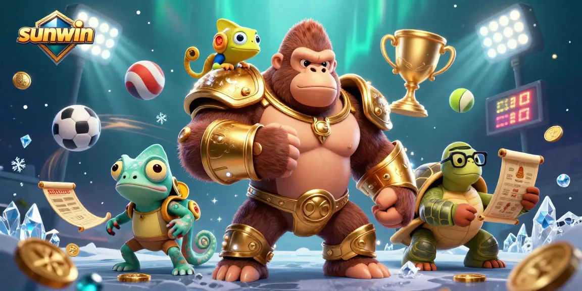Sunwin showcases a dynamic casino scene with a gorilla king and vibrant sports elements!