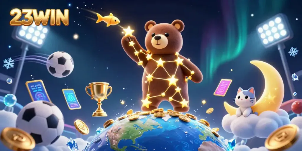 Experience exciting 23WIN gaming with a dynamic casino-themed illustration filled with vibrant characters.