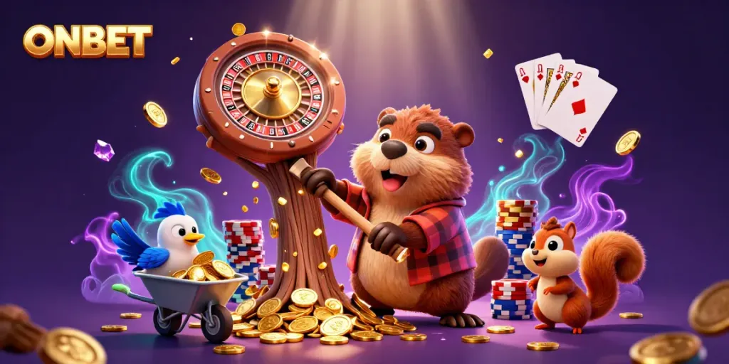 Engage with ONBET's exciting world, featuring a beaver in a casino scene gathering gold coins and treasures.