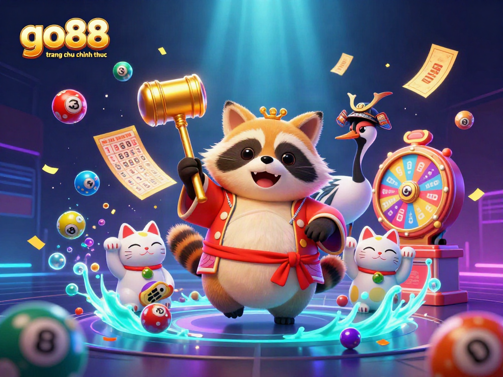 Engage with go88 trang chu chinh thuc as a cheerful tanuki leads a vibrant gambling celebration.