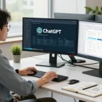 Professional workspace showcasing AI productivity tools on screens with a focus on innovation and efficiency.