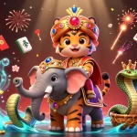 Experience sun win excitement with a vibrant scene of casino action featuring a cartoon maharaja tiger and elephant.