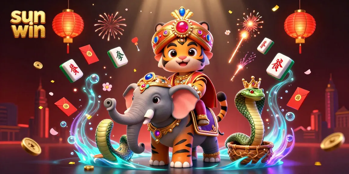 Experience sun win excitement with a vibrant scene of casino action featuring a cartoon maharaja tiger and elephant.