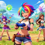 Vibrant illustration of ecchi games featuring diverse characters in a playful fantasy landscape with colorful visuals.