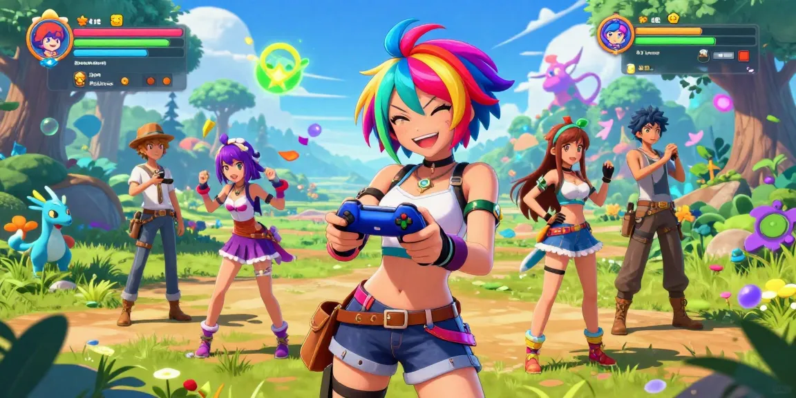 Vibrant illustration of ecchi games featuring diverse characters in a playful fantasy landscape with colorful visuals.
