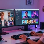 Engaging user with NSFW AI character avatars in a modern virtual environment, showcasing tech interaction and personalization.