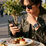 Stylish individual showcasing super clone watches at a trendy café, exuding confidence.