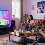 Engaging scene of friends playing an ecchi game together in a lively, colorful living room.
