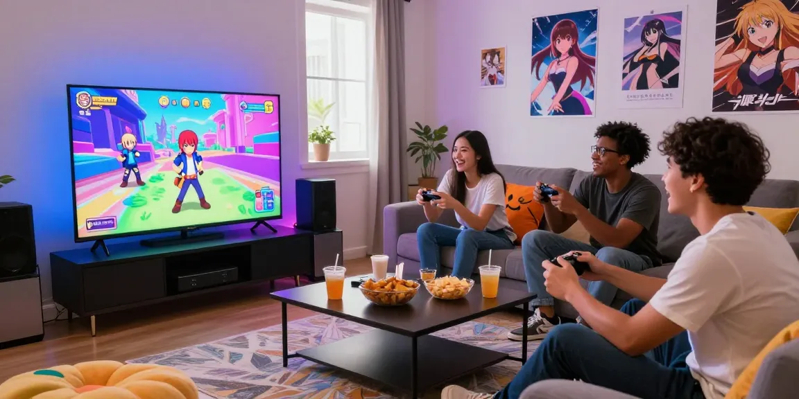 Engaging scene of friends playing an ecchi game together in a lively, colorful living room.