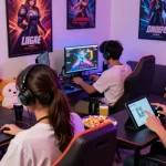 Friends enjoying a multiplayer hentai game across various devices in a vibrant gaming lounge.