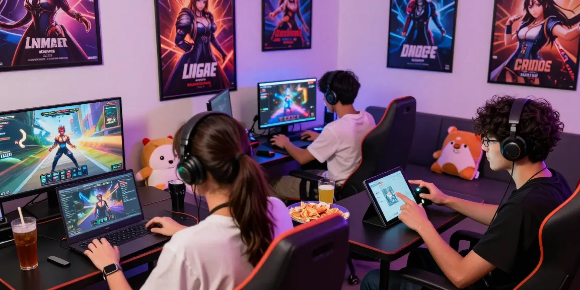 Friends enjoying a multiplayer hentai game across various devices in a vibrant gaming lounge.