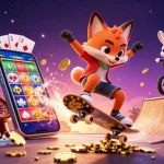 Engaging illustration of kèo nhà cái where a fox performs a kickflip over poker chips amid casino-themed gaming elements.