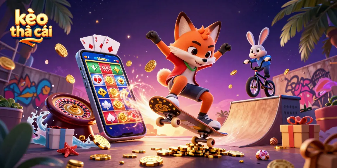 Engaging illustration of kèo nhà cái where a fox performs a kickflip over poker chips amid casino-themed gaming elements.