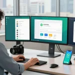 WhatsApp下載 in a modern workspace featuring multiple screens and urban skyline