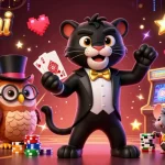 Dhani win characters engaging in card games amidst vibrant casino elements and arcade visuals.