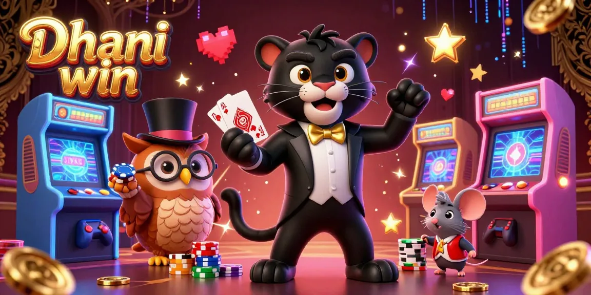 Dhani win characters engaging in card games amidst vibrant casino elements and arcade visuals.