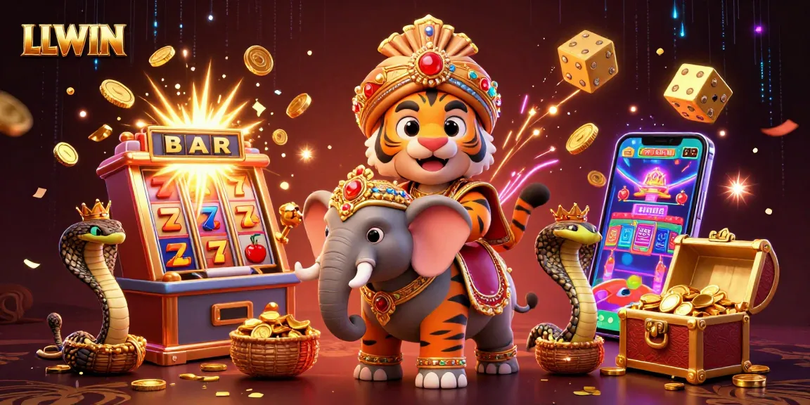LLWIN jackpot celebration with a magical maharaja and magical creatures in vibrant 3D style.
