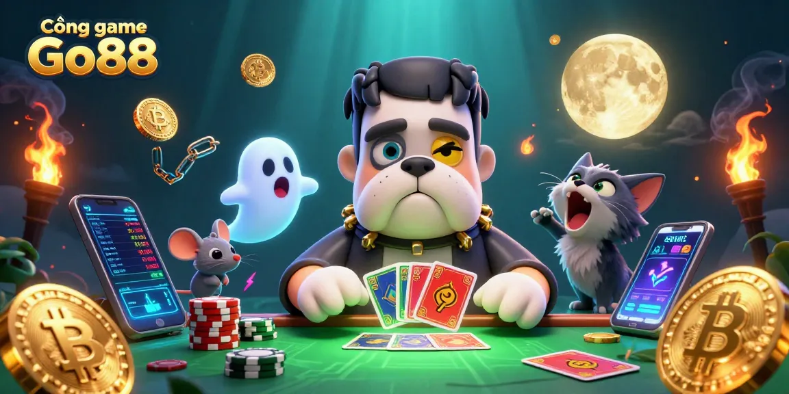 Engage with the Cổng game Go88 as the Frankenstein bulldog deals cards and coins sparkle around in a dynamic casino scene.