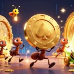 MMOO themed illustration of ants running a heist in a vibrant casino tunnel.