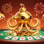 Engage with 98win's vibrant gaming scene featuring a whimsical kraken amidst golden coins and poker elements.