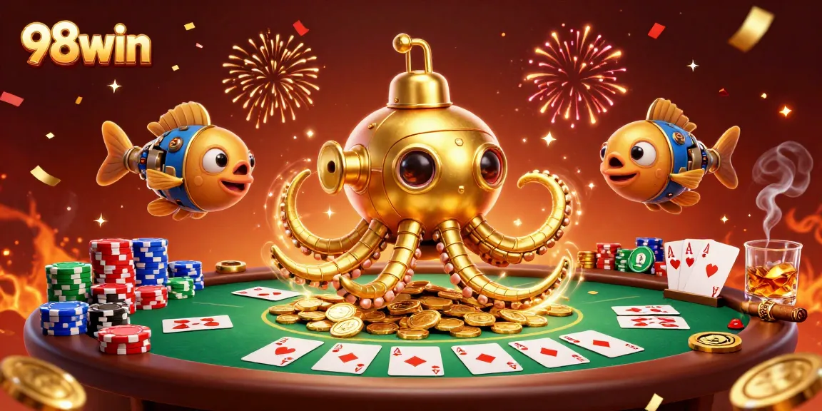 Engage with 98win's vibrant gaming scene featuring a whimsical kraken amidst golden coins and poker elements.