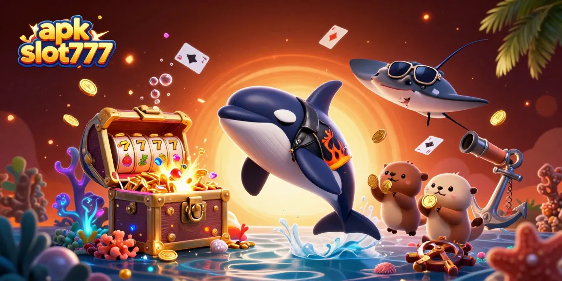 Experience the excitement of apk slot777 with a vibrant 3D casino scene featuring sea creatures and slot elements.