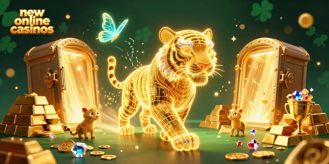Experience the thrill of new online casinos in a vibrant 3D casino landscape with golden treasures.