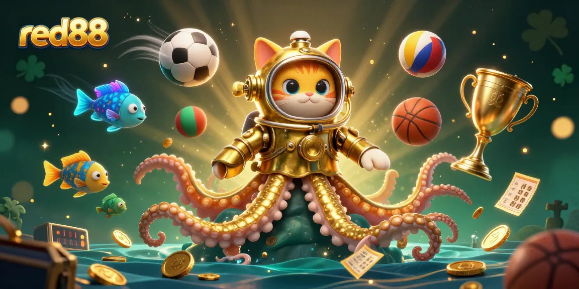 Experience the excitement of red88 through a vibrant 3D scene with a colossal kraken and animated sports elements.