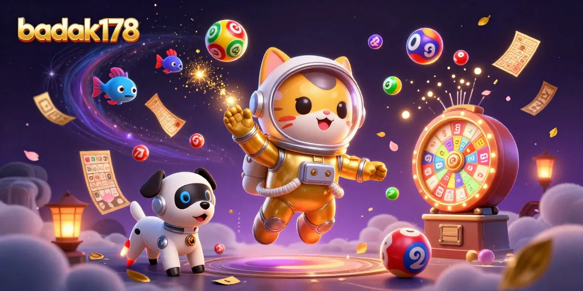 Engage in exciting gameplay with badak178, featuring a vibrant lottery scene with an astronaut cat.