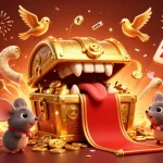 Experience the thrill of sky88 slots with a 3D treasure chest and vibrant casino elements in a festive atmosphere.
