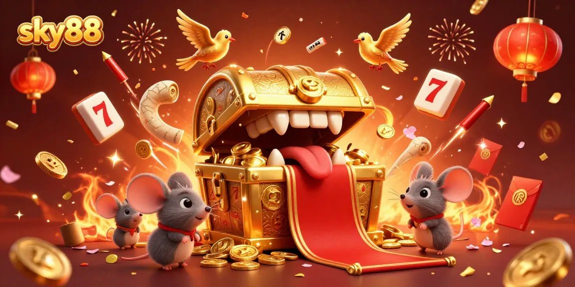 Experience the thrill of sky88 slots with a 3D treasure chest and vibrant casino elements in a festive atmosphere.