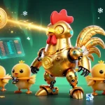 M98 offers exciting gameplay with a golden rooster robot and glowing cryptocurrency elements in a dazzling casino universe.
