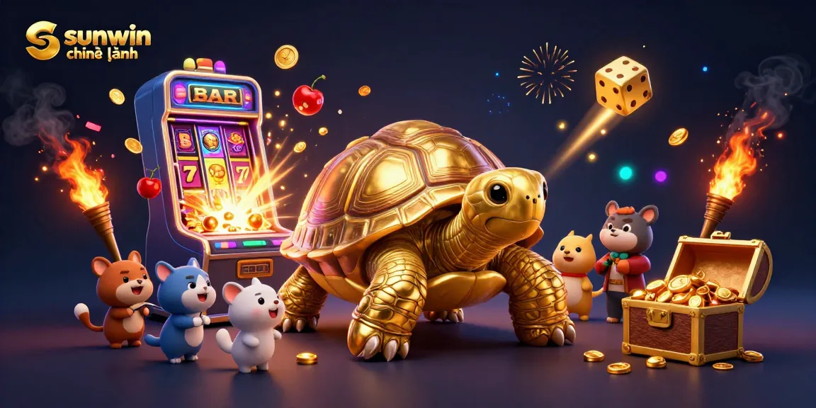 Experience the excitement of sunwin chính hãng with a 3D illustration of a pinball tortoise and vibrant casino elements.