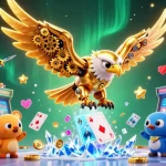 Engage with ta88's thrilling casino experience featuring a golden eagle and vibrant arcade elements.