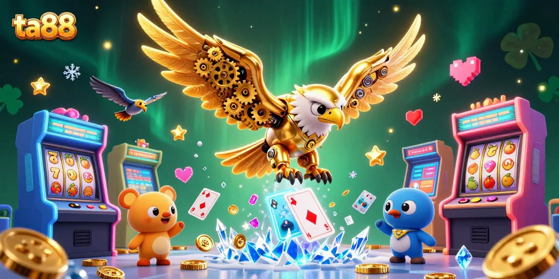 Engage with ta88's thrilling casino experience featuring a golden eagle and vibrant arcade elements.