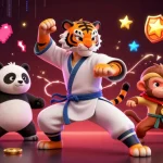 Engage with exhilarating tx88 gameplay featuring a kung fu tiger master, panda, and monkey amidst vibrant casino elements.