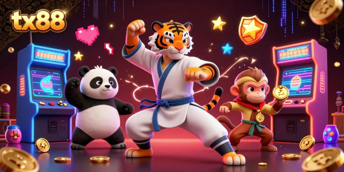 Engage with exhilarating tx88 gameplay featuring a kung fu tiger master, panda, and monkey amidst vibrant casino elements.