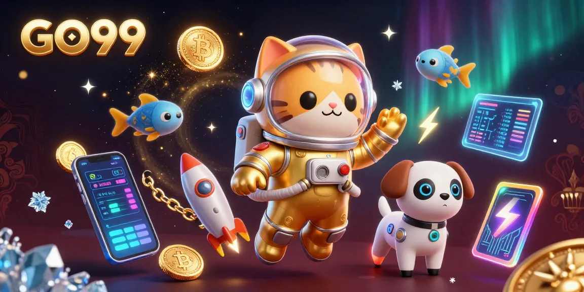 Engage with GO99 gaming action in a vibrant cosmic casino scene filled with crypto elements.